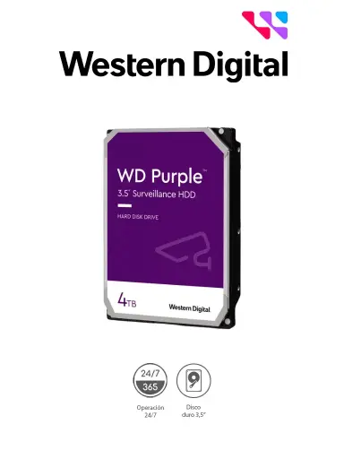WESTERN DIGITAL WD44PURZ - Disco Duro de 4TB Purple/ Especial para Videovigilancia/ Trabajo 24/7/ Interface: Sata 6 Gb/s/ Hasta 64 Cámaras/ Hasta 16 Bahías de Discos Duros/ 180Mb/S /3 Años de Garantía